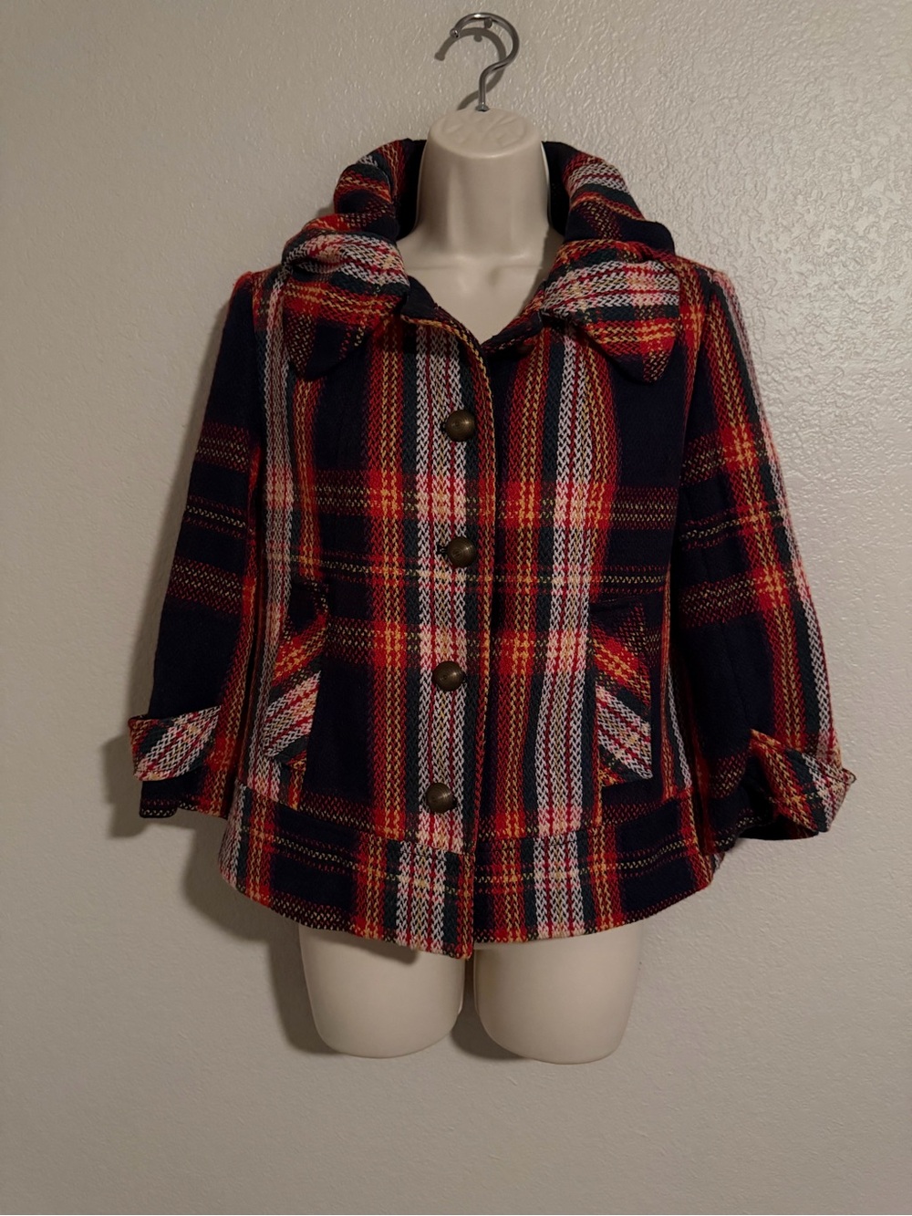 Tulle Plaid Peacoat in Navy and Red Sz M